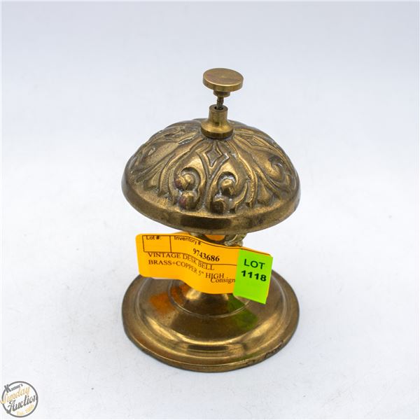VINTAGE DESK BELL BRASS+COPPER 5" HIGH