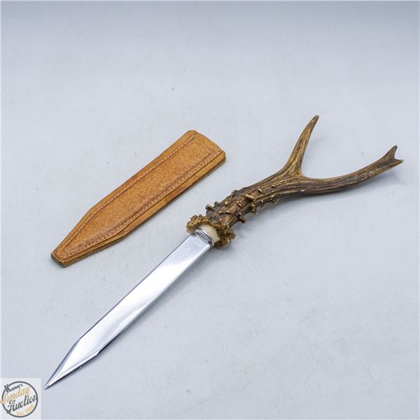 VINTAGE DEER ANTLER STYLE LETTER OPENER IN LEATHER