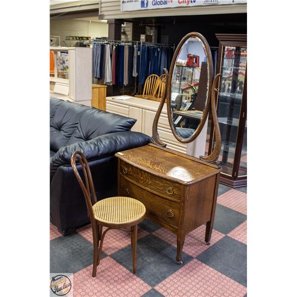 ANTIQUE OAK VANITY CABINET WITH CANE BACK CHAIR