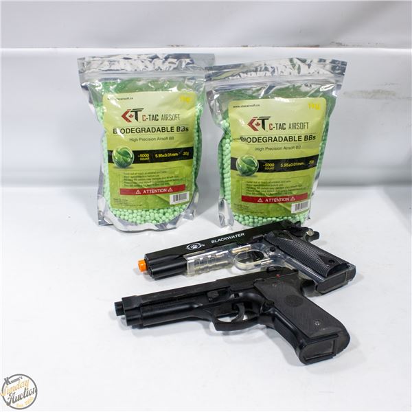 2 AIRSOFT PISTOLS + 2 BAGS OF BB'S