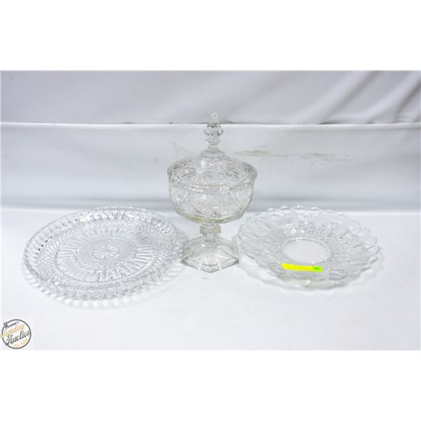2 CRYSTAL PLATTERS W/PEDISTAL CANDY DISH + LID