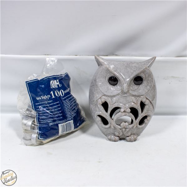 LOT OF TEALIGHTS AND 10" PORCELINE OWL
