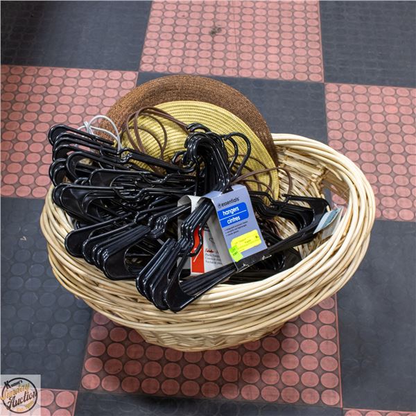 3 WICKER BASKETS WITH 30 BLACK HANGERS