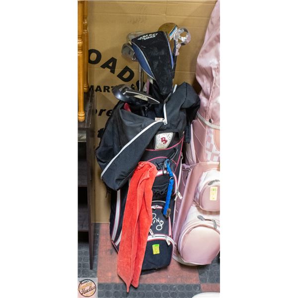 PING GOLF BAG WITH VARIOUS CLUBS AND