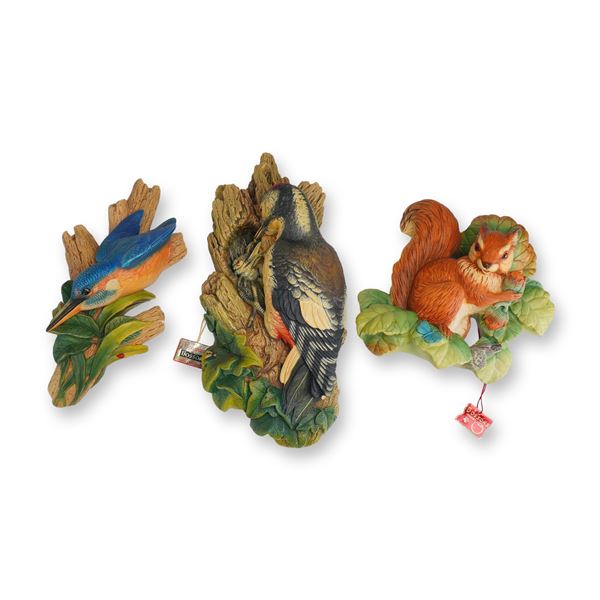 3pc Bossons Hand-Painted Chalkware Bird and Squirrel Wall Plaques