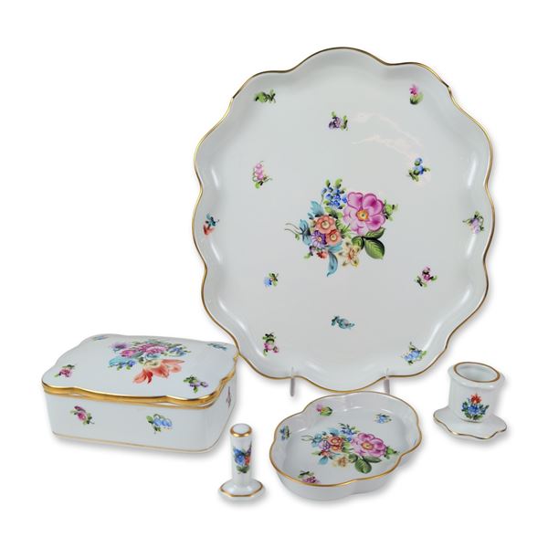 5pc Herend Hungary Bouquet de Saxe Porcelain Vanity Set