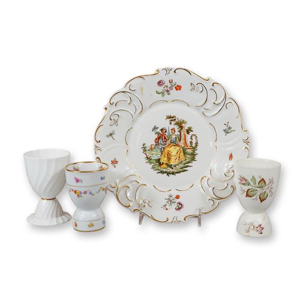 4pc Porcelain Grouping Including Wallendorf Plate and Three Assorted Egg Cups