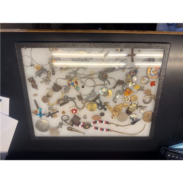 Assorted Vintage Costume Jewelry & Trinkets Shadow Box