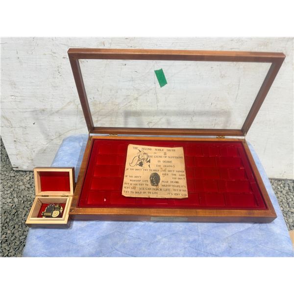 Vintage Inlaid Wooden Music Box with Display Case