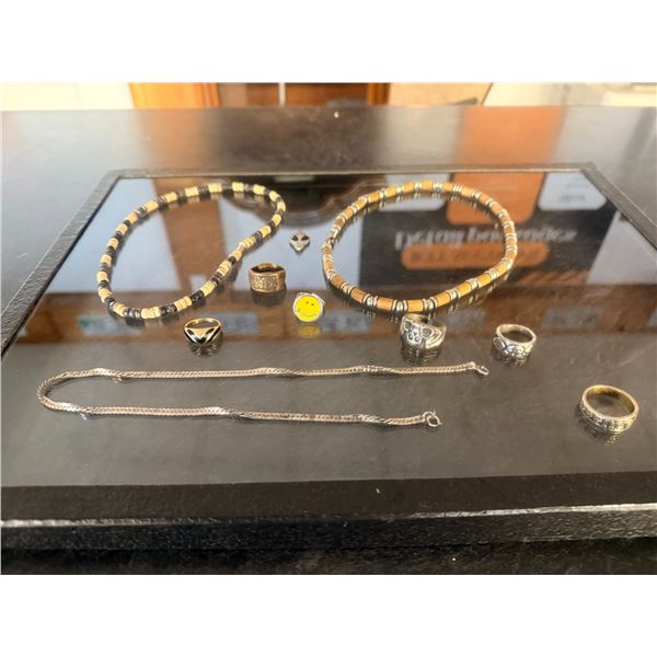 Assorted Beaded Necklaces, Rings, and Silver Tone Chains