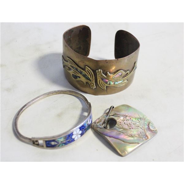 ESTATE ALPACA SILVER BRACELET WITH ABALONE INLAY +