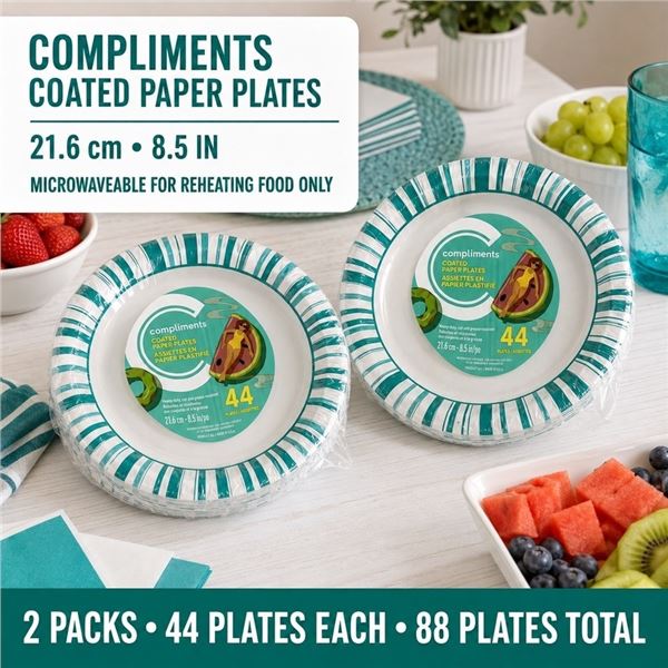 2 PACKS COMPLIMENTS PAPER PLATES 8.5" â€“ 88 TOTA