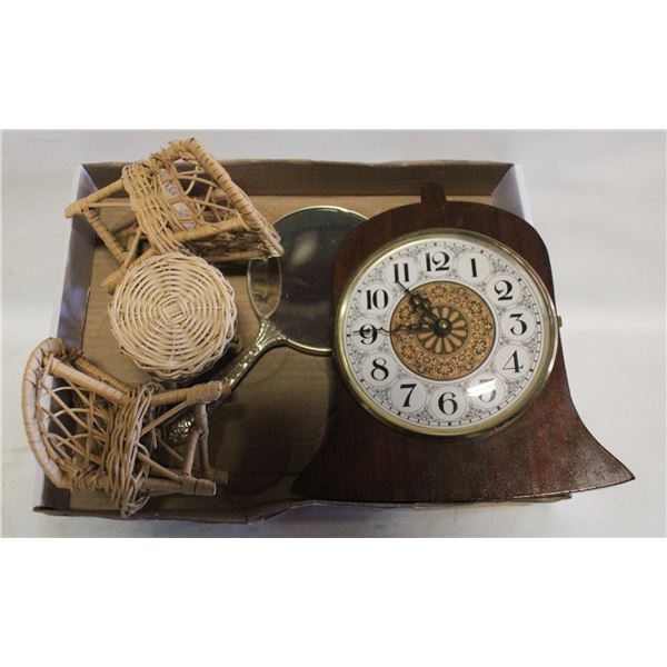 VINTAGE CLOCK/HAND MIRROR W/MINI WICKER