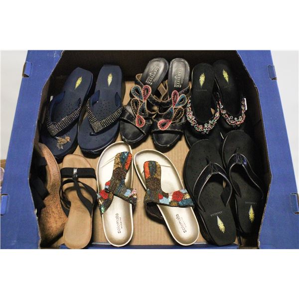 6 PAIRS OF LADIES RAISED HEEL SANDLES SIZE 7