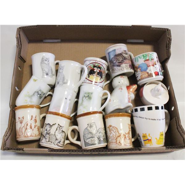 LARGE COLLECTION OF CAT THEME MUGS PLUS CREAMER
