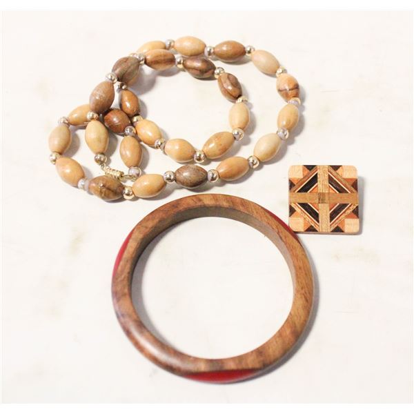 WOOD JEWELRY SET NECKLACE BANGLE BROOCH