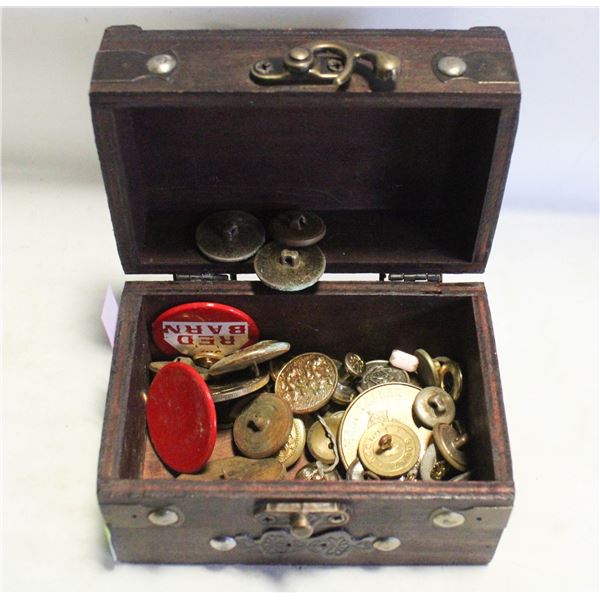 WOODEN MINI CHEST WITH ANTIQUE/VINTAGE BUTTONS