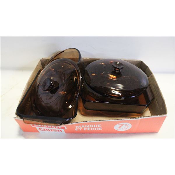 VINTAGE BROWN GLASS COOKWARE DISHES (SOME CHIPPED)