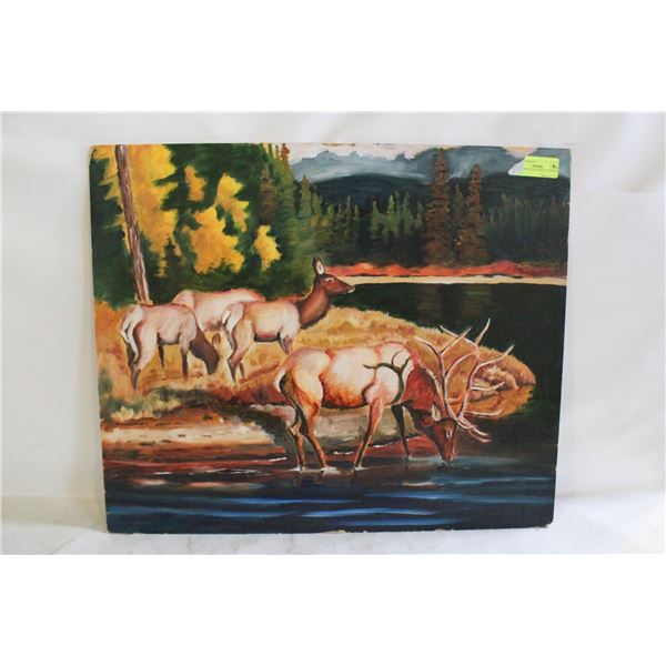OIL PAINTING OF DEER AT STREAM