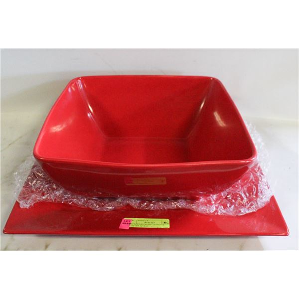 RED SQUARE BOWL 12”X12” & PLATTER 16”X16”