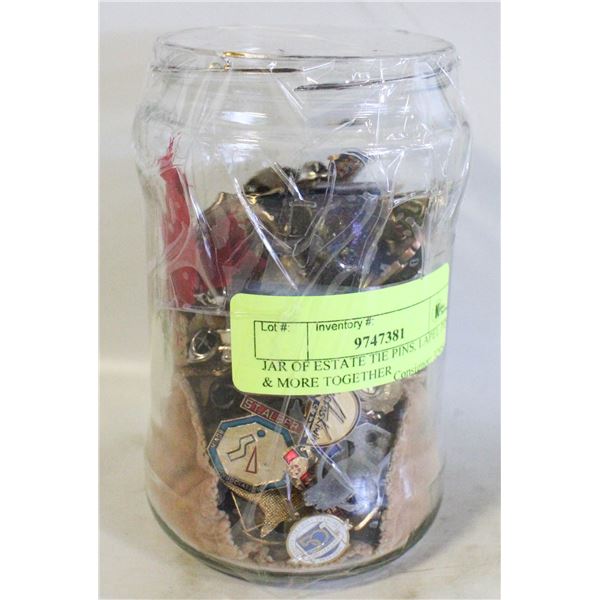 JAR OF ESTATE TIE PINS, LAPEL PINS & MORE TOGETHER