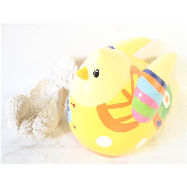 ESTATE BIRD HAND PAINTED COIN BANK + CARVED