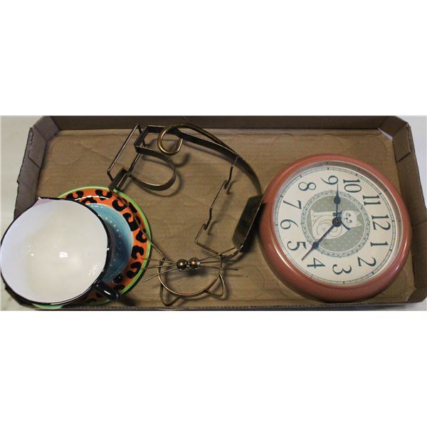 CAT CLOCK/CANDLE HOLDER+CAT THEME MUG+SAUCER