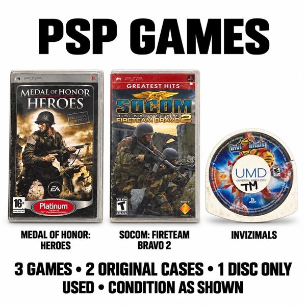 3 SONY PSP GAMES MEDAL OF HONOR SOCOM INVIZIMALS