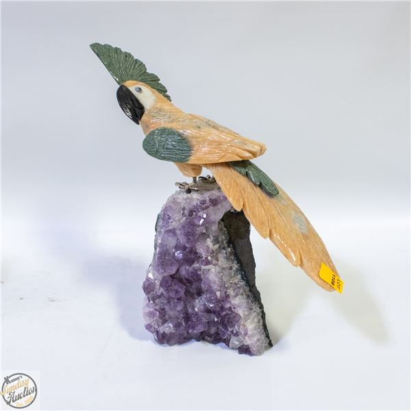 HANDCRAFTED GEMSTONE PARROT SCULPTURE PERCHED