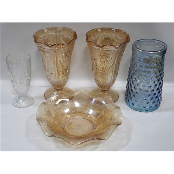 9" CARNIVAL GLASS VASES & BOWL