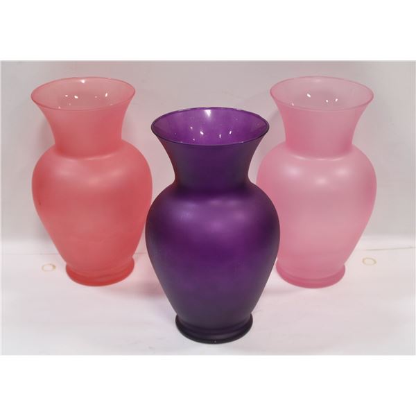 THREE 11 INCH GLASS VASES
