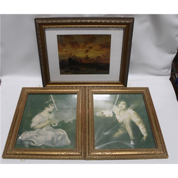 3 GOLD TONE FRAMED ART PRINTS