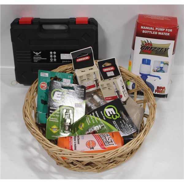 BASKET WITH ASSORTED ITEMS INCLUDES FOLDING