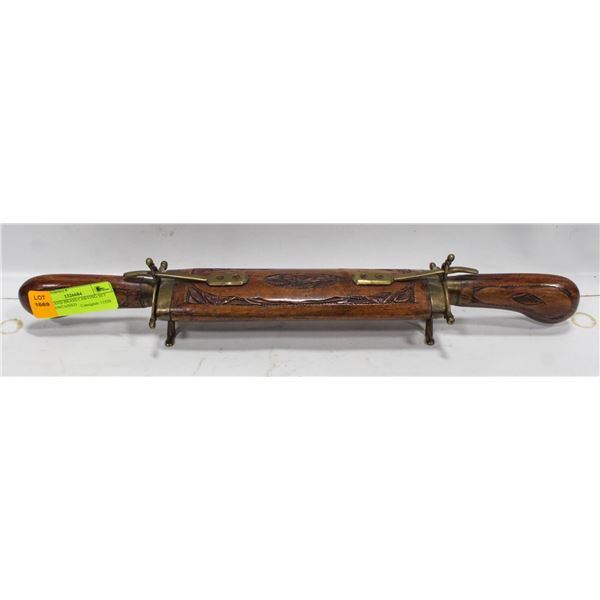 WOOD AND BRASS CARVING SET SELF CONTAINED