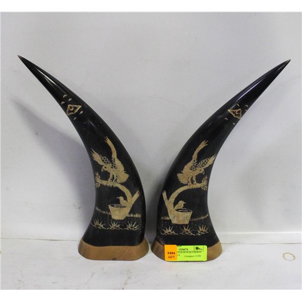 PAIR OF CARVED BUFFALO HORNS FLYING EAGLE
