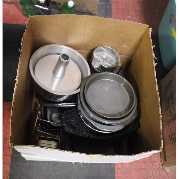 BOX OF USED BAKEWARE, ROASTER, CRYSTAL BOWL,
