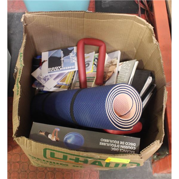 BOX OF EXERCISE ITEMS