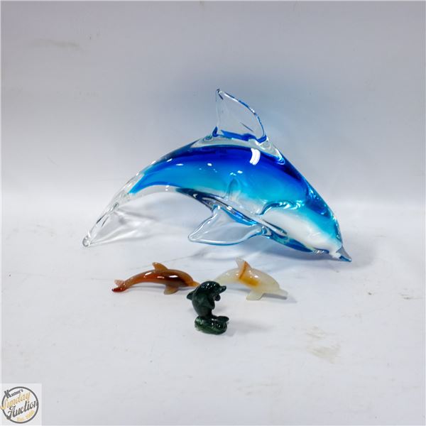 ESTATE DOLPHINS CARVED STONE + ART GLASS