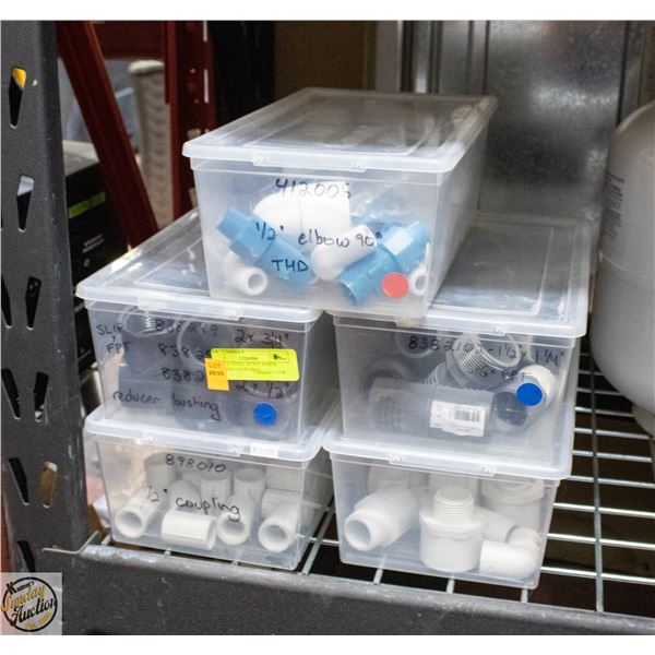 4 SMALL TOTES OF PVC PARTS INCLUDES COUPLINGS,