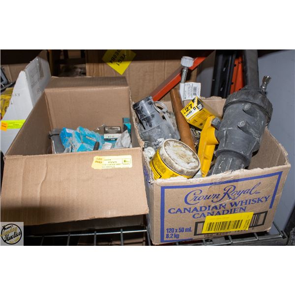 2 BOXES OF GARAGE MISC - TOOLS, NAILS, PLUMBING &