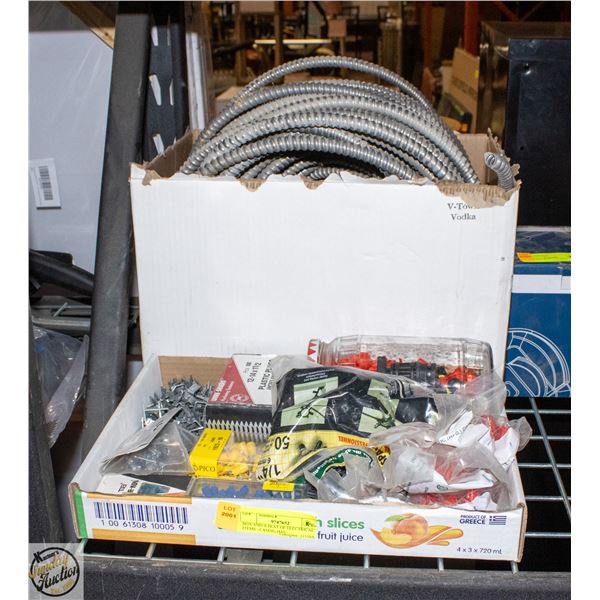 BOX AND A FLAT OF ELECTRICAL ITEMS - CASING HAS