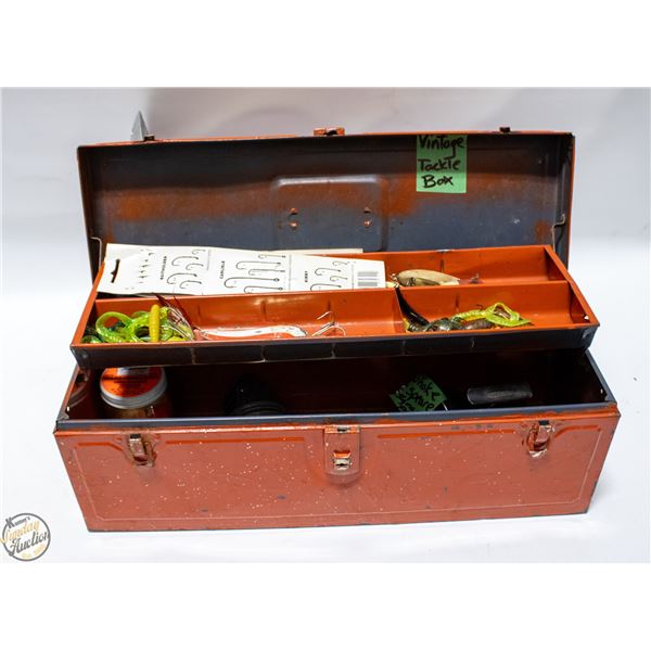 VINTAGE TACKLE BOX WITH SHAKESPEARE FISHING REELS;
