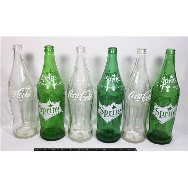 SET OF 6, 28OZ POP BOTTLES- 3 SPRITE, 3 COKE