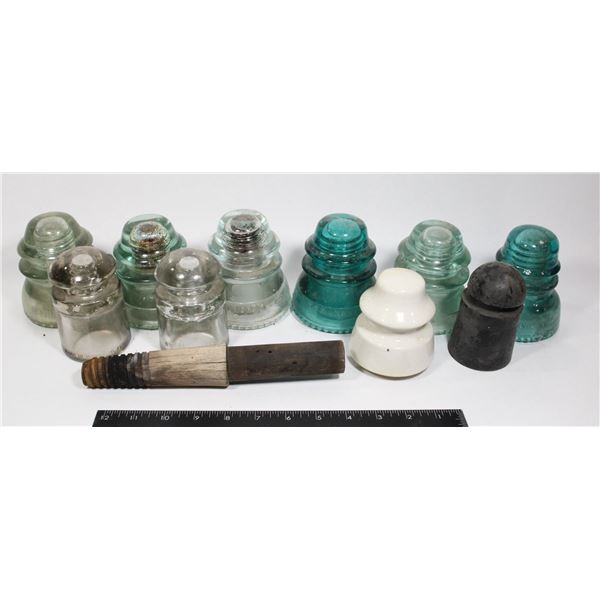 BOX OF 10 GLASS INSULATORS OF VARIOUS COLOURS,