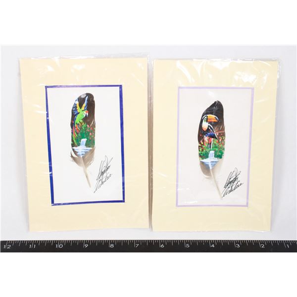 TWO HAND PAINTED FEATHER ART PIECES SIGNED