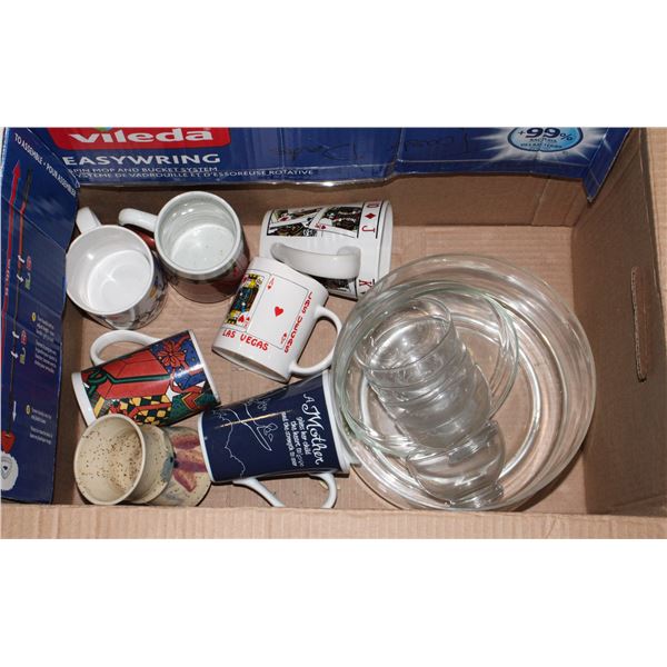 TOTE OF COFFEE MUGS AND GLASS BOWLS