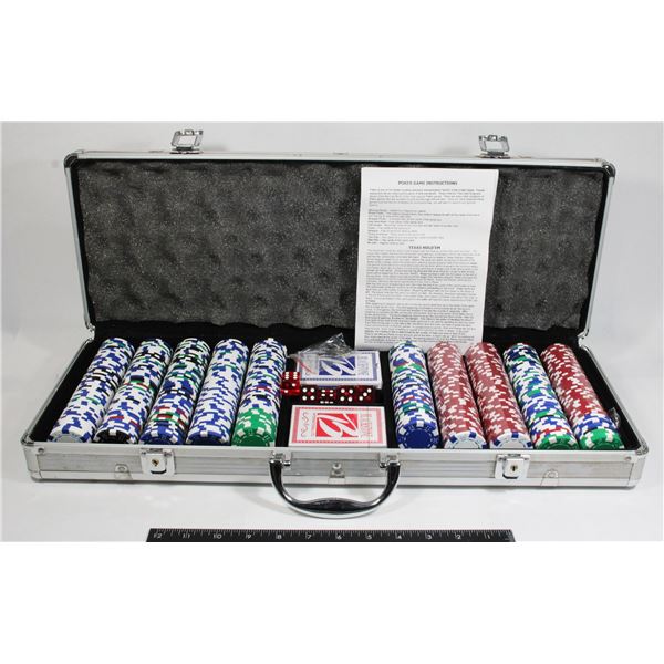 POKER SET WITH DICE CHIPS AND CARDS. COME IN BRIEF