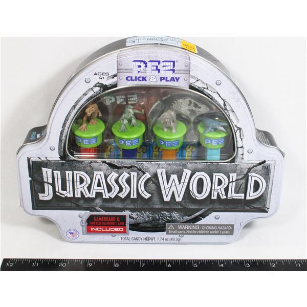JURASSIC WORLD PEZ DISPENSERS IN TIN WITH CANDY