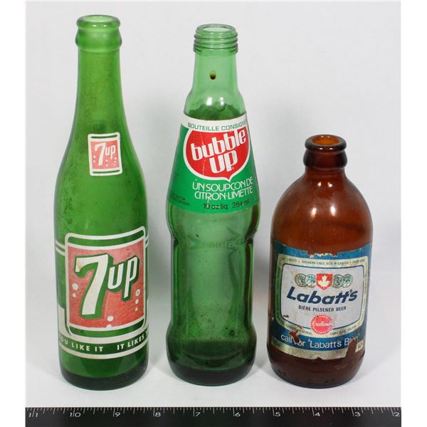 THREE VINTAGE BOTTLES LABATTS BUBBLE UP 7UP