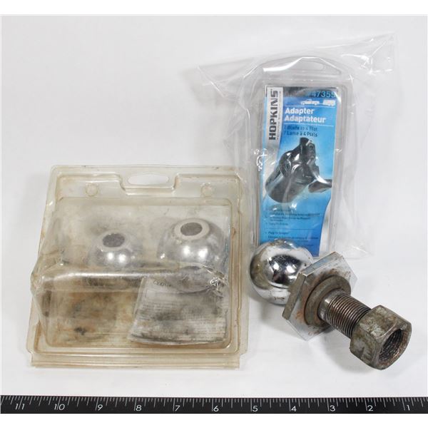 LOT OF TRAILER HITCH BALLS AND ELECTRICAL ADAPTOR